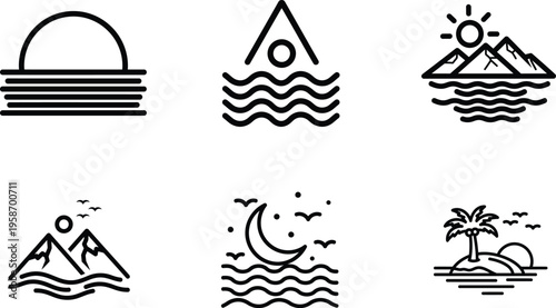 line art icons of landscapes and nature scenes with mountains water and sun