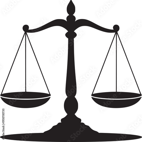 A black and white graphic of a balance scale symbolizing justice on a white background plain design