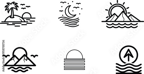 line icons of various landscapes and natural elements in black