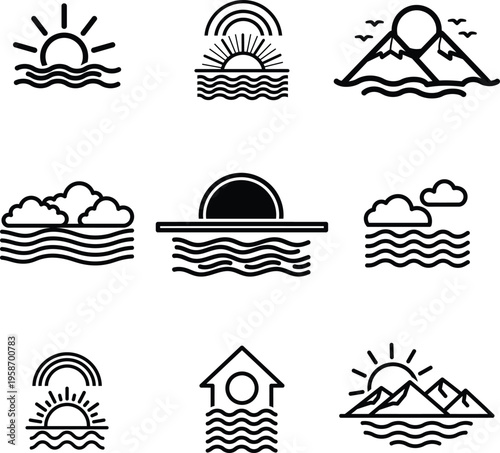 line style icons of sun clouds mountains and sea  various scenic landscapes