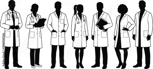 Medical professionals silhouettes, doctors in lab coats, healthcare teamwork illustration, diverse medical staff silhouettes, hospital research team, clinical healthcare collaboration
