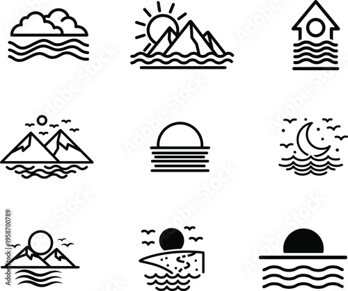 minimalist icons of landscapes and water  simple line art designs
