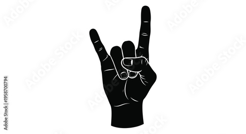 Black and white illustration of a hand making the rock on gesture