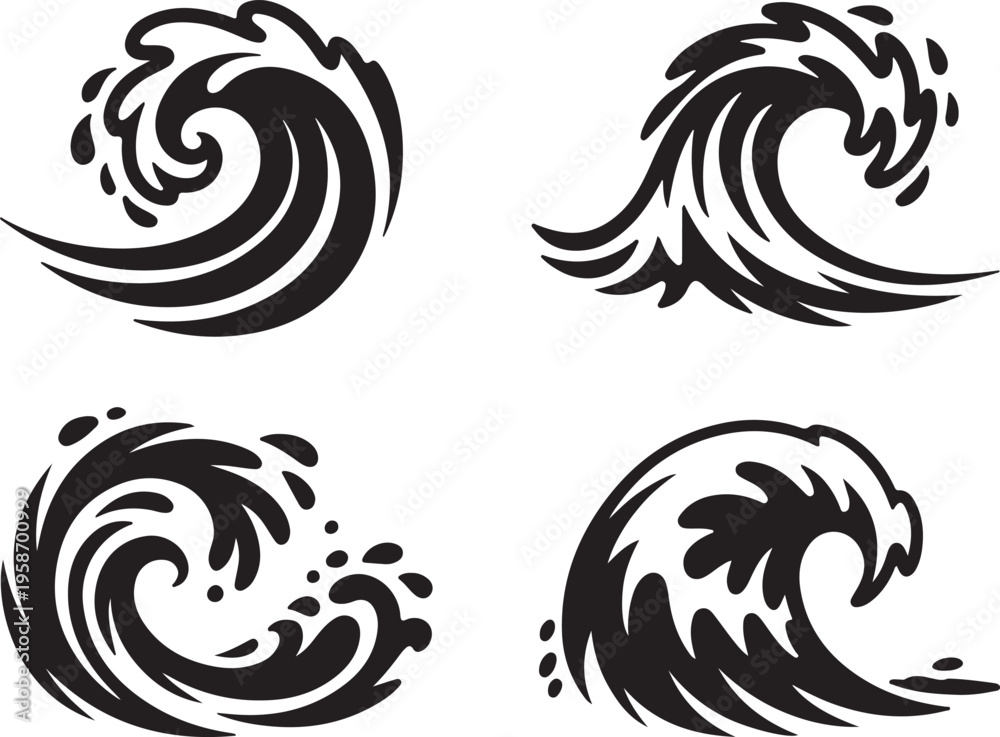 Fototapeta premium abstract wave ocean splash silhouette icon set vector illustration