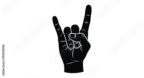 Black and white illustration of a hand displaying the rock on sign