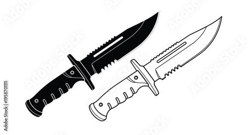 Two combat knives one dark and one light displayed in a graphic illustration