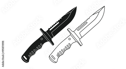 Two combat knives one filled and one outlined displayed at an angle