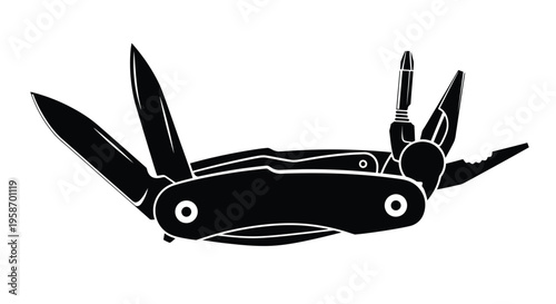 Black and white silhouette of an open swiss army knife with multiple tools