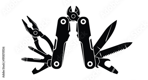 Black and white silhouette of a multi tool with various implements
