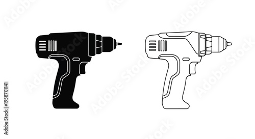 Black and white line art illustration of a cordless power drill