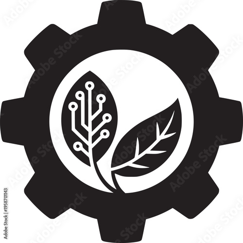 Black gear with two leaves inside one resembling a circuit board and the other a normal leaf