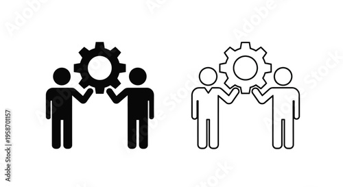 Teamwork and collaboration concept with gears and people icons shown twice