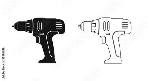 Two electric drills presented in contrasting black and white silhouettes