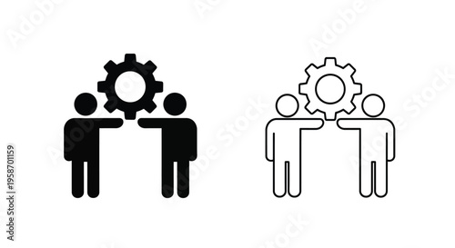 Teamwork and collaboration concept with gears and figures shown in outline