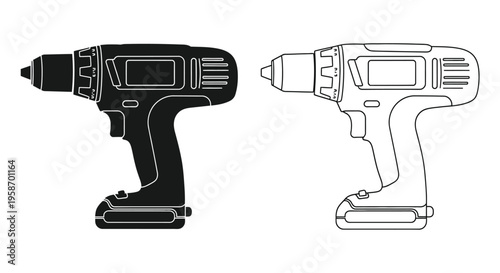 Black and white illustration of a cordless power drill shown in two styles