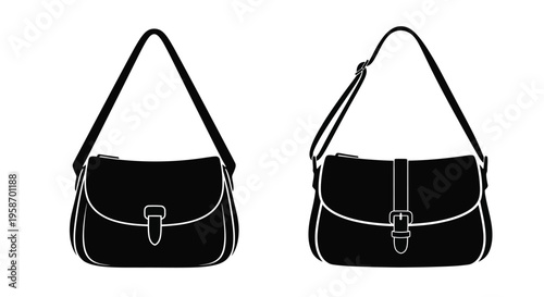 Two black shoulder bags with flap closures outlined in a simple style