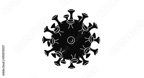 A stark black and white illustration depicting a coronavirus structure