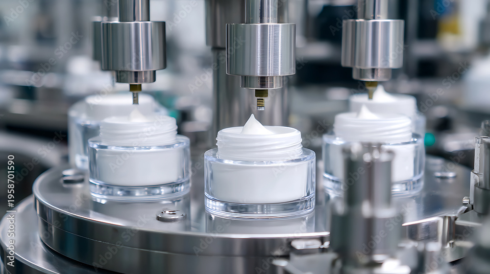 Fototapeta premium Automated Production Line for Skincare Beauty Cream Jars with Controlled Dispensing in a Modern Factory Setting