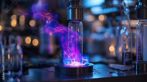 Glass jar with purple lightning on a metal base in a laboratory setting with other glassware