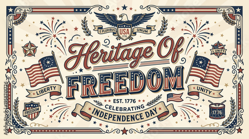 vintage patriotic celebration of independence day with American flags fireworks and heritage symbols