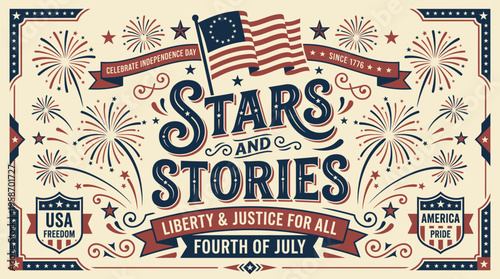 Celebration of Independence Day with patriotic symbols, fireworks, and festive designs honoring liberty and freedom in the