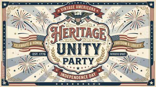 Vintage Americana Heritage Unity Celebration Poster with Patriotic Elements and Fireworks for Independence Day