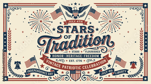 Vintage patriotic celebration design featuring stars flags eagles and fireworks with historical and independence themes for July