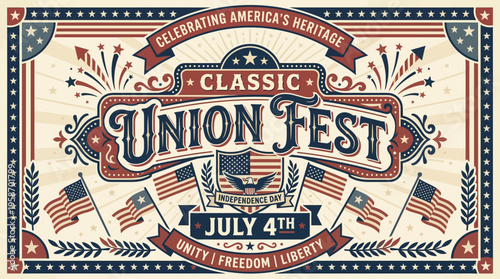Vintage-inspired patriotic parade poster celebrating independence day with themed flags and festive decor