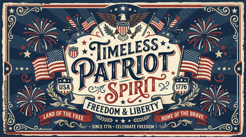 Vintage patriotic design celebrating timeless spirit of patriotism with flags and fireworks