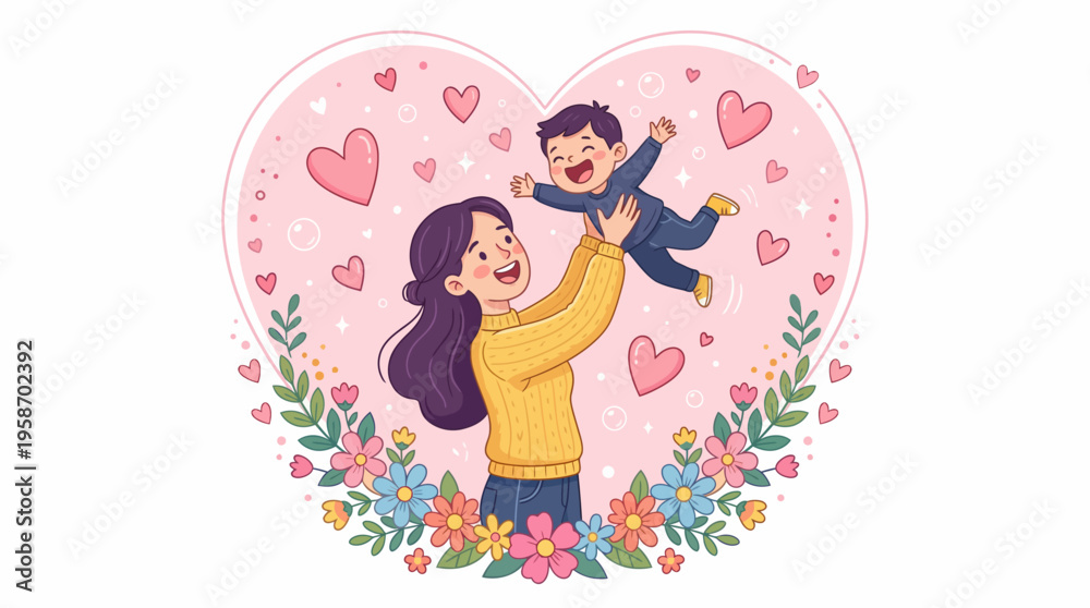 Obraz premium Mother Joyfully Lifting Her Son