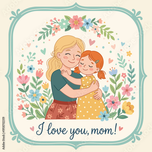 Mother and Daughter Loving Hug Illustration