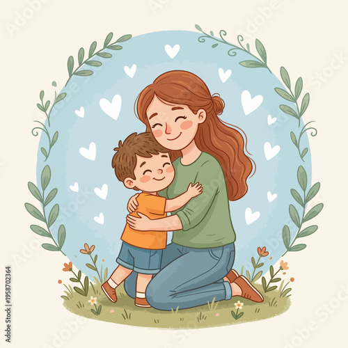 Mother Hugging Her Son with Love