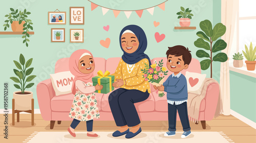 Muslim Mother Receiving Gifts from Children
