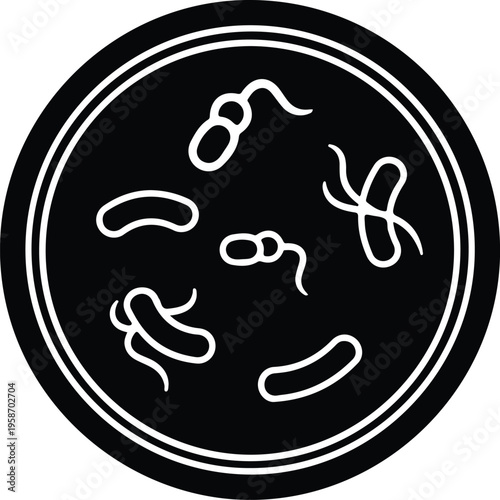 Silhouette microscopic bacteria cells inside circular petri dish frame vector illustration