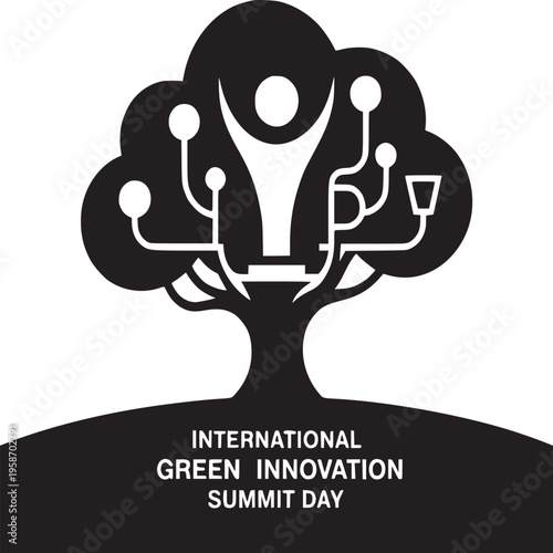 A black and white logo for international green innovation summit day with a stylized tree design