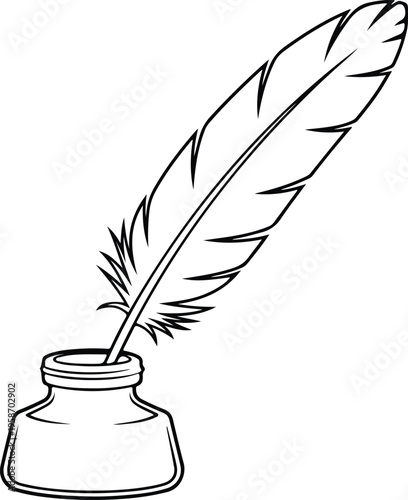 Silhouette quill feather pen sitting in a glass inkwell vector illustration