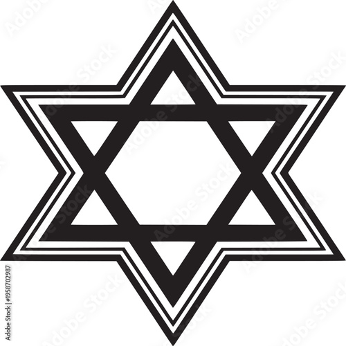 A bold black and white star of david symbol with double border on a plain white background design art