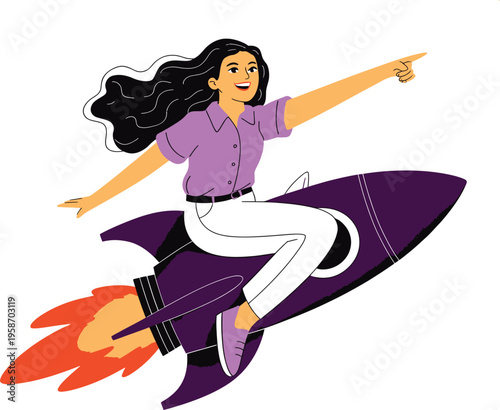 Illustration of a woman confidently riding a rocket, signifying speed, progress, and ambitious career advancement