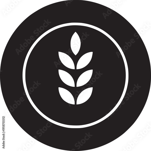 A black and white illustration of a wheat stalk inside of a black circle on a white background