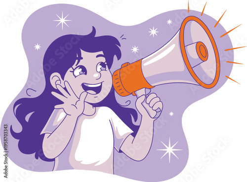 Woman with long dark hair shouting through a megaphone, symbolizing announcement and communication, public speaking