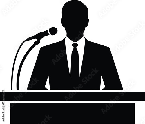 Silhouette of a person in a suit speaking at a podium with microphones, representing public speaking or presentation