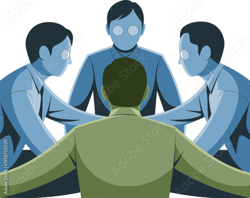 Group of businessmen in blue suits in a circle, focused on a central figure, symbolizing teamwork and discussion, vector illustration
