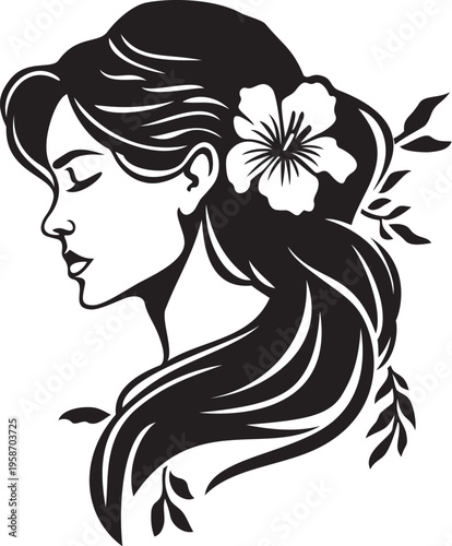 Beautiful Woman with Flower in Hair. Portrait Elegant Female Illustration.