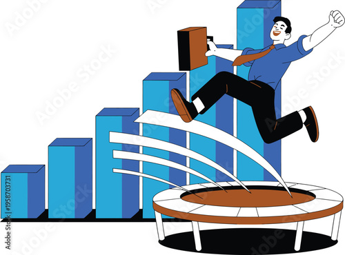 Man jumping on trampoline over bar graph vector - business growth and success