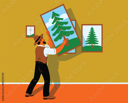 Artist hanging landscape paintings vector - art gallery, exhibition, and nature decor
