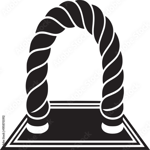 Graphic illustration of a black rope archway on a black platform against a white background