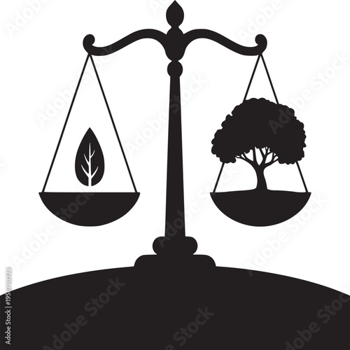 A balance scale with a leaf on one side and a tree on the other in black and white illustration