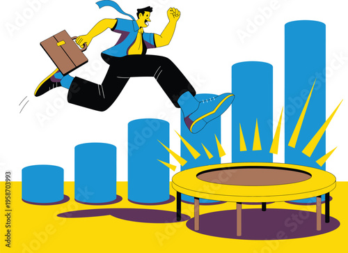 Man jumping on trampoline over graph bars, career growth and success concept