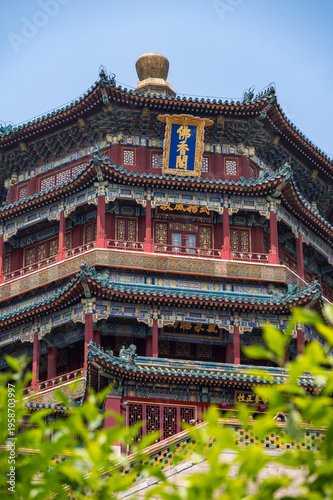 The majestic multi-tiered Tower of Buddhist Incense showcasing its colorful eaves and traditional architecture at the Summer Palace in Beijing, China - 27 May 2025