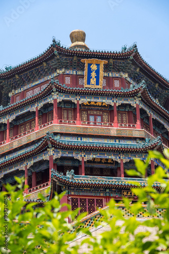 The majestic multi-tiered Tower of Buddhist Incense showcasing its colorful eaves and traditional architecture at the Summer Palace in Beijing, China - 27 May 2025
